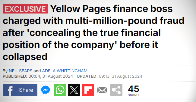 Screenshot of Daily Mail article entitled "ellow Pages finance boss charged with multi-million-pound fraud after 'concealing the true financial position of the company' before it collapsed"