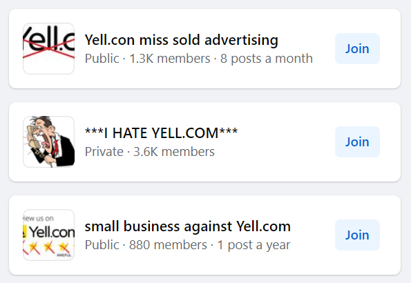 Three Facebook groups dedicated to pushback on Yell