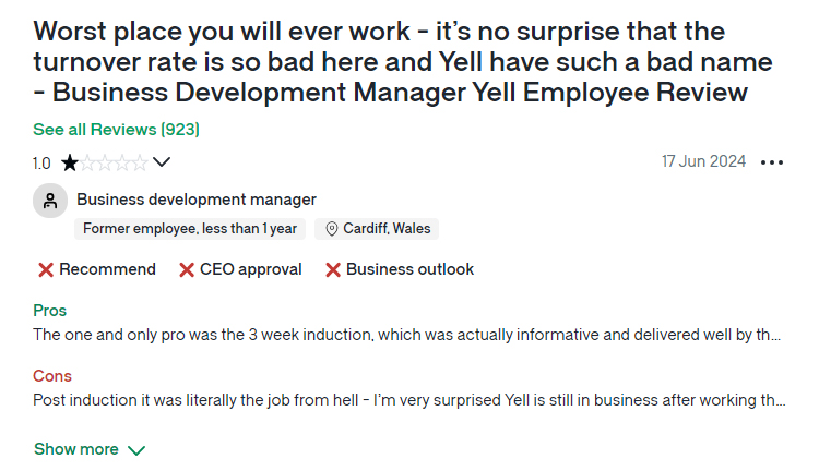 Screenshot of a negative Glassdoor review about Yell