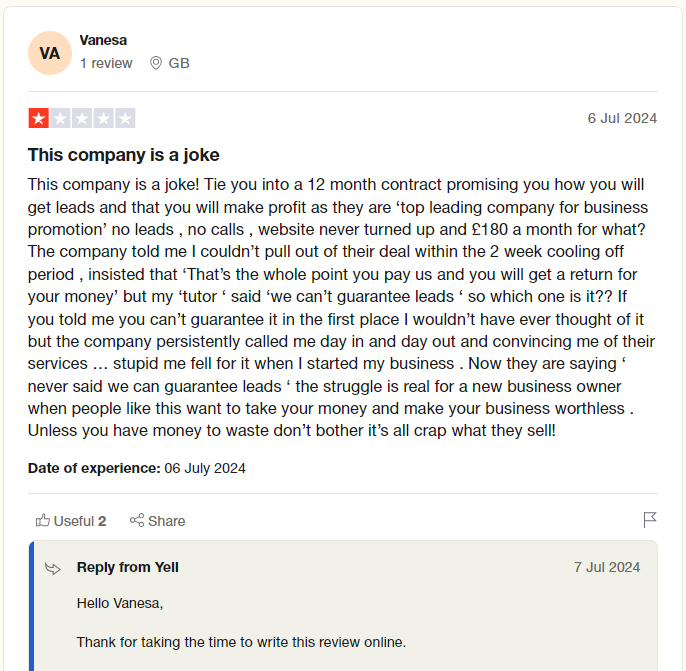 Screenshot of a negative TrustPilot review about Yell