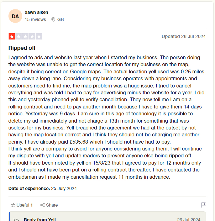 Screenshot of a negative TrustPilot review about Yell