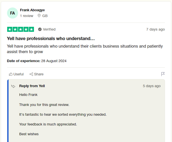 Screenshot of a positive TrustPilot review about Yell