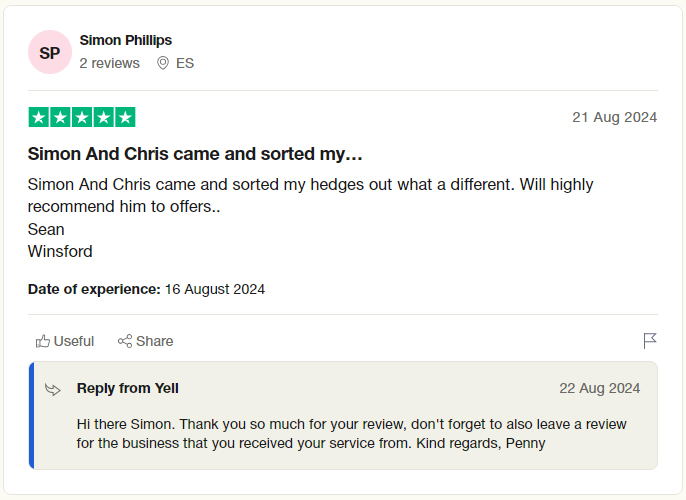 Screenshot of a positive TrustPilot review about a different business on Yell